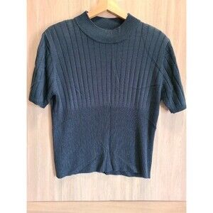 Blue Ribbed Sweater Shirt Short Sleeve Mock Neck Knit Top Casual Stretchy Tee